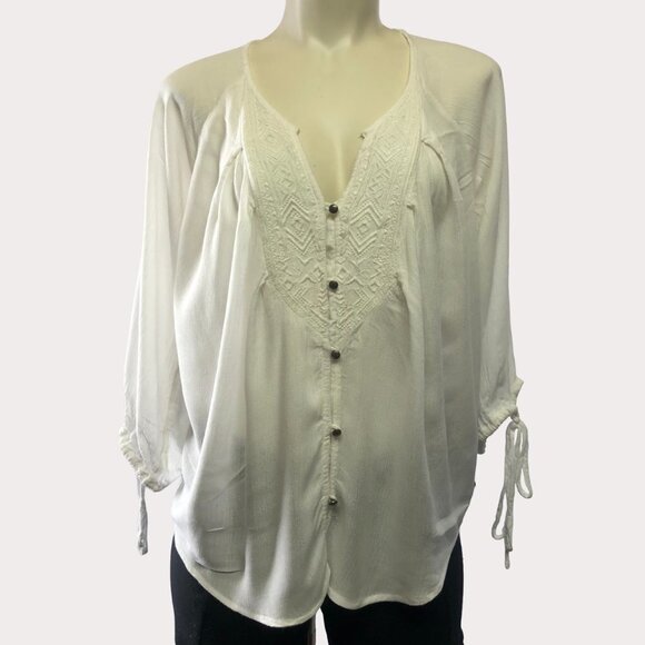 Roxy Boho Peasant Embroidered White 3/4 Sleeve Button Down Top Size Small - Picture 1 of 10
